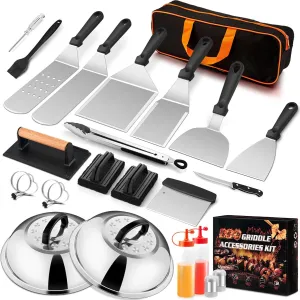 Joyfair 25Pcs Griddle Accessories Kit (with Melting Dome), Stainless Steel Flat Top Grilling Spatula Accessory Tools Set with Basting Covers Burger Press, for Outdoor BBQ Teppanyaki Hibachi Cooking