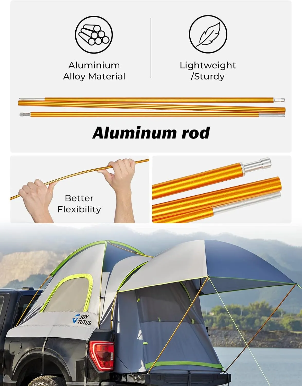 JOYTUTUS 6.5ft Truck Bed Tent with Removable Awning, Portable Truck Bed Tent Aluminum Pole, Pickup Tent with Waterproof PU2000mm for 2 Person, Green