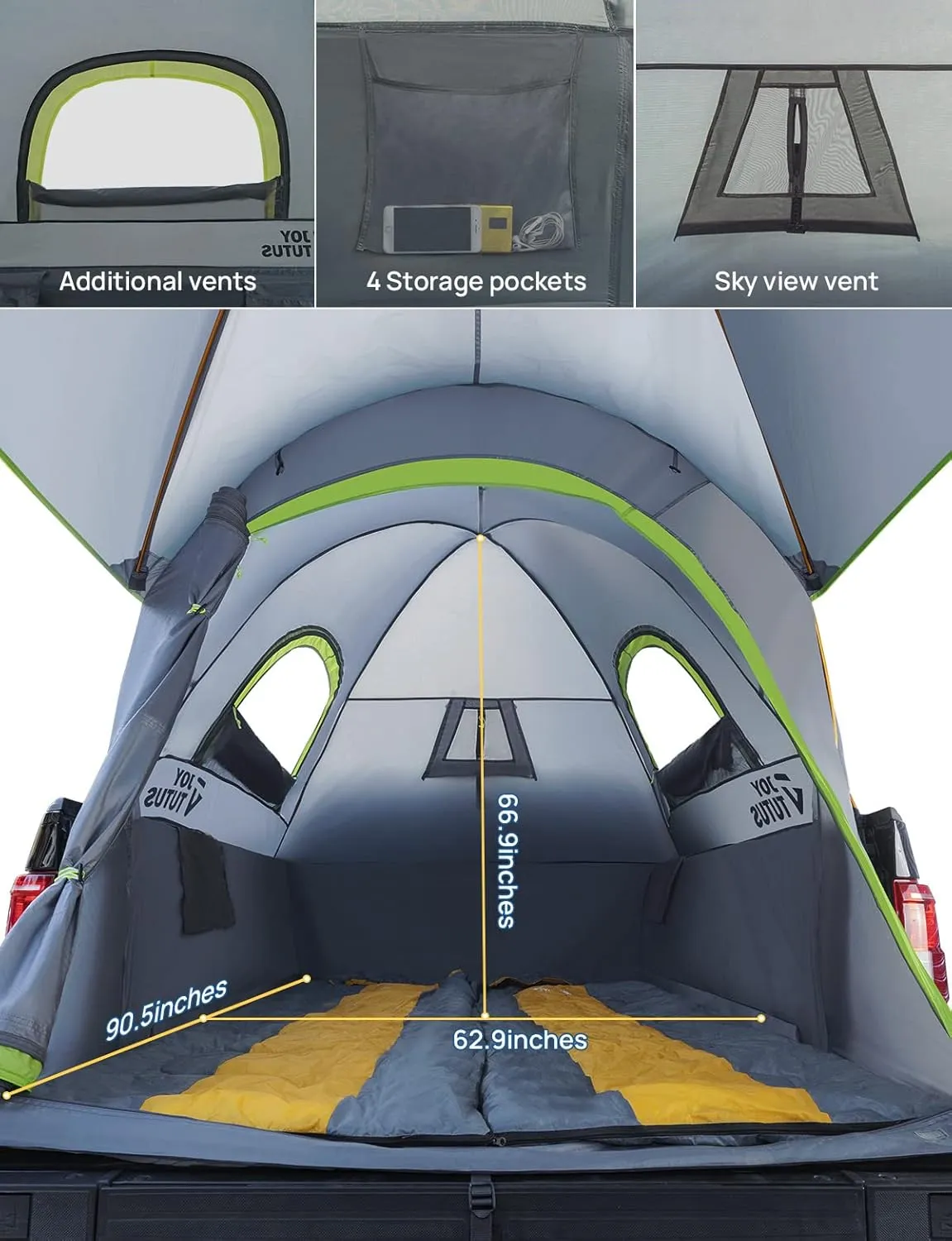 JOYTUTUS Pickup Truck Tent 5.5ft Bed Tent with Removable Awning, Waterproof PU2000mm Double Layer for 2 Person, Portable Truck Bed Tent - Green, Aluminum Pole