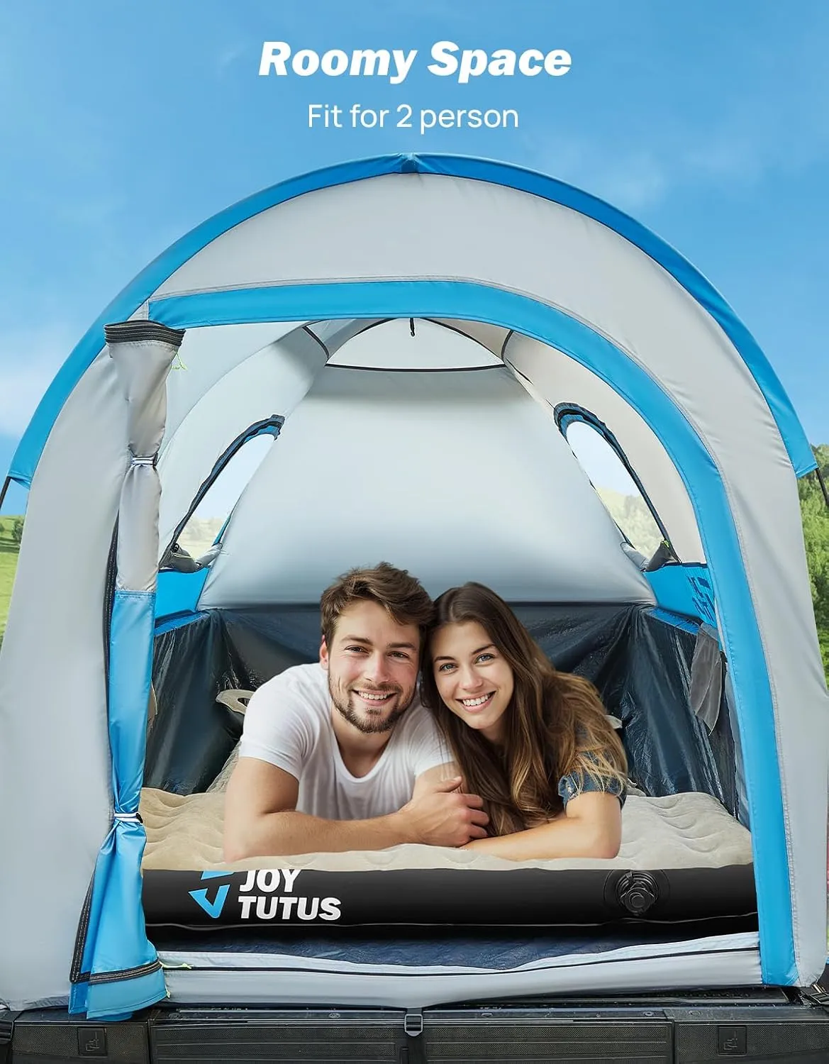 JOYTUTUS Truck Tent with Rainfly 5.5Ft-6Ft, Straight Spacious Truck Bed Tent with Sky View Mesh, Waterproof PU2000mm Double Layer for 2 Person, Gray Blue