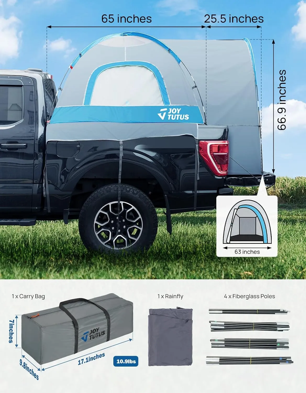 JOYTUTUS Truck Tent with Rainfly 5.5Ft-6Ft, Straight Spacious Truck Bed Tent with Sky View Mesh, Waterproof PU2000mm Double Layer for 2 Person, Gray Blue