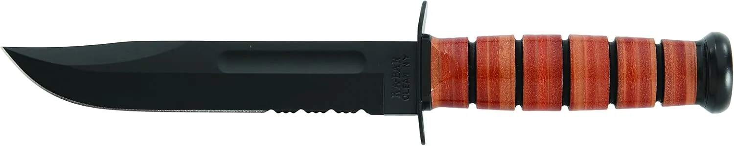KA-BAR FIGHTING/UTILITY KNIFE, ARMY, BROWN LEATHER SHEATH, SERRATED EDGE