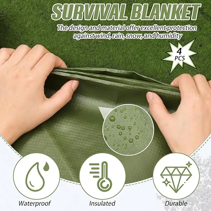 Kanayu 4 Pcs Emergency Blankets Thermal Survival Blankets 82 x 60 Inch, Heavy Duty Emergency Poncho Tarp Reusable Waterproof Emergency Blanket for Car, Camping, Hiking(Olive Green)