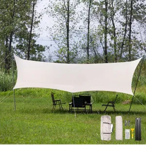 KAnduo 18 × 15 Ft Large Camping Tent Tarp Outdoor Waterproof Retardant Rain Fly Backpacking Tent Tarp Shelter for Hiking Travel Picnic with Poles(Milky White,177x173x102inch)
