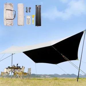 KAnduo Tarp with 3 Poles 18X14ft Waterproof Camping Tarp 8 Corner Awning, Picnic Tent Rain Fly Sun Shelter Anti-UV Ideal to Enjoy with Family and Friends(Rice-White,177x173x102inch)