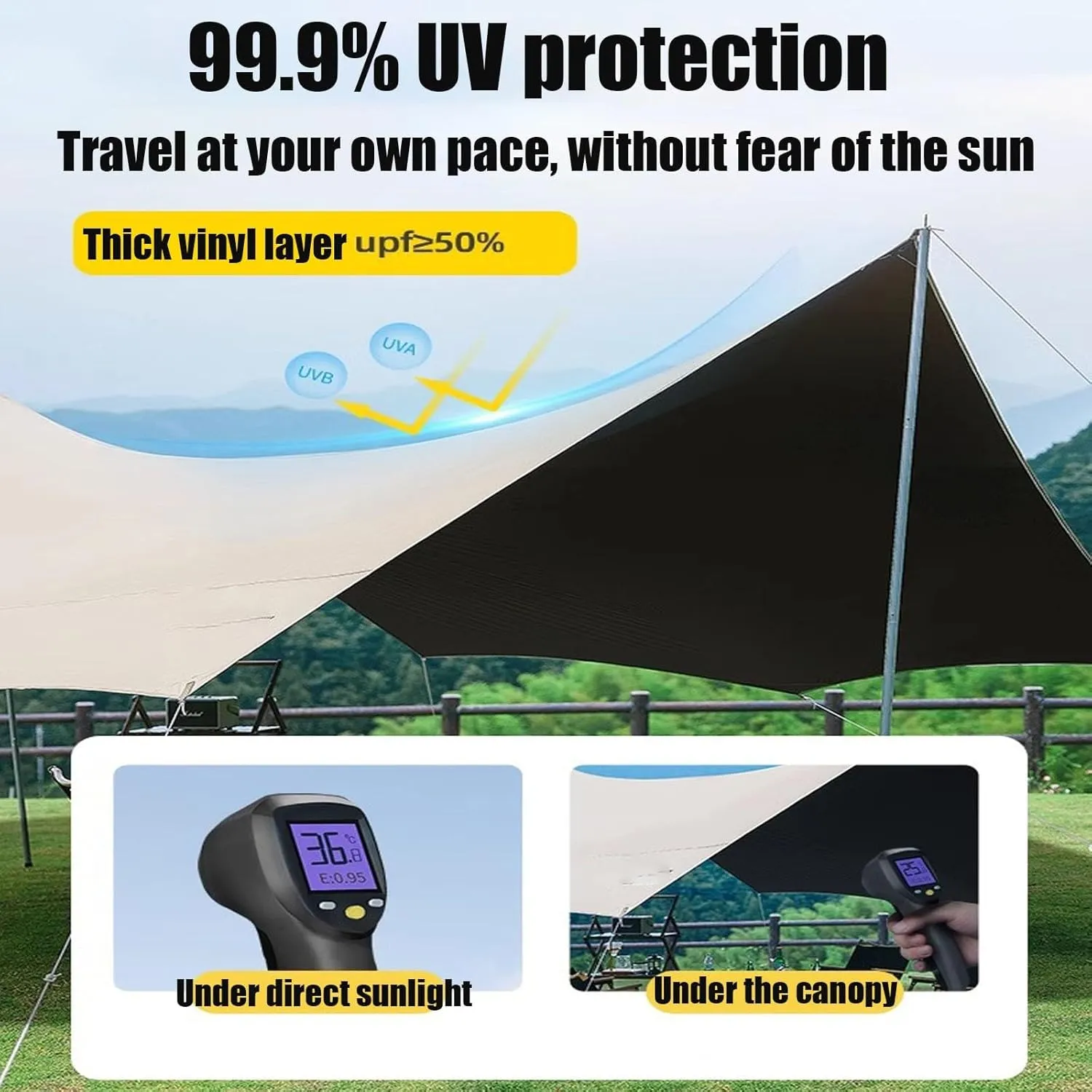 KAnduo Tarp with 3 Poles 18X14ft Waterproof Camping Tarp 8 Corner Awning, Picnic Tent Rain Fly Sun Shelter Anti-UV Ideal to Enjoy with Family and Friends(Rice-White,177x173x102inch)