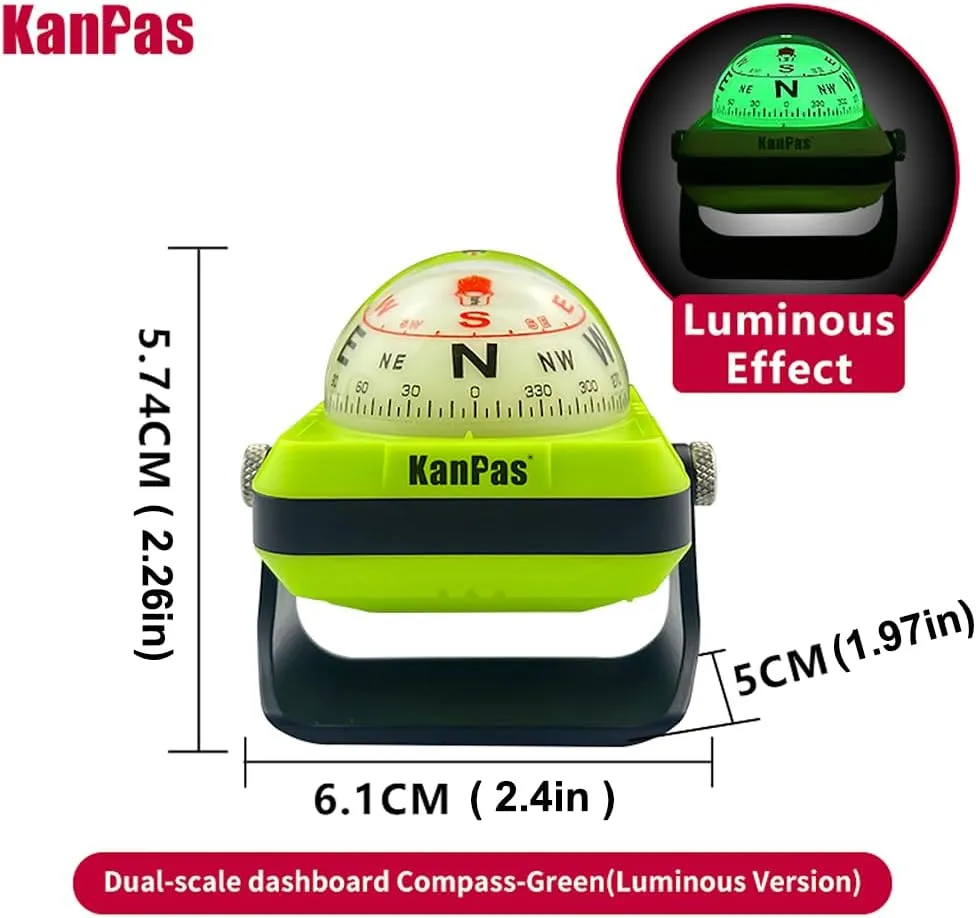 KanPas V-39-L Dashboard Ball Compass for Car with Double Dials Luminous Capsule Adjustable Holder