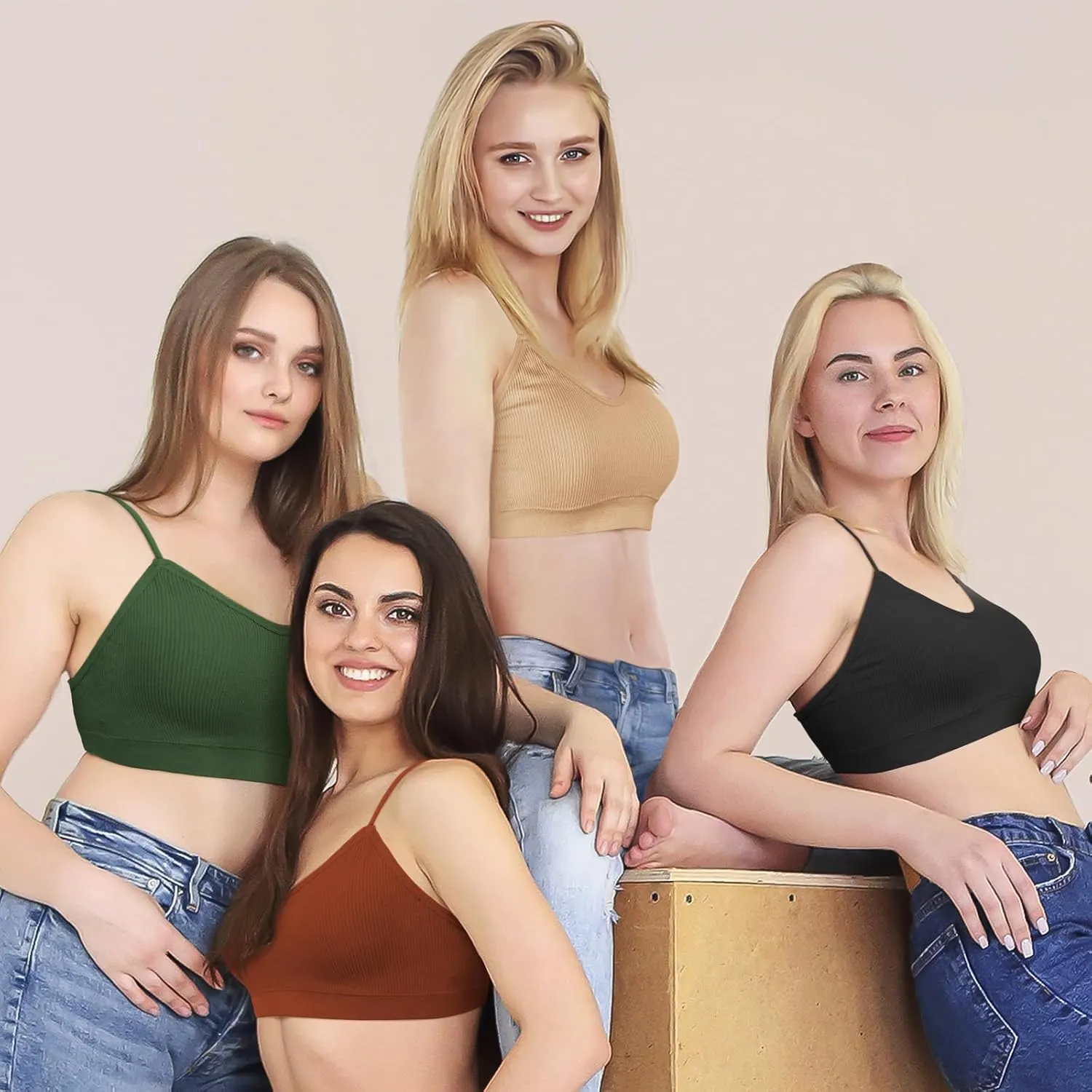 KCDDUMK 4 Pieces Cami Bras - Women's V-Neck Padded Seamless Straps Bralette Everyday Basic Sleeping Bra