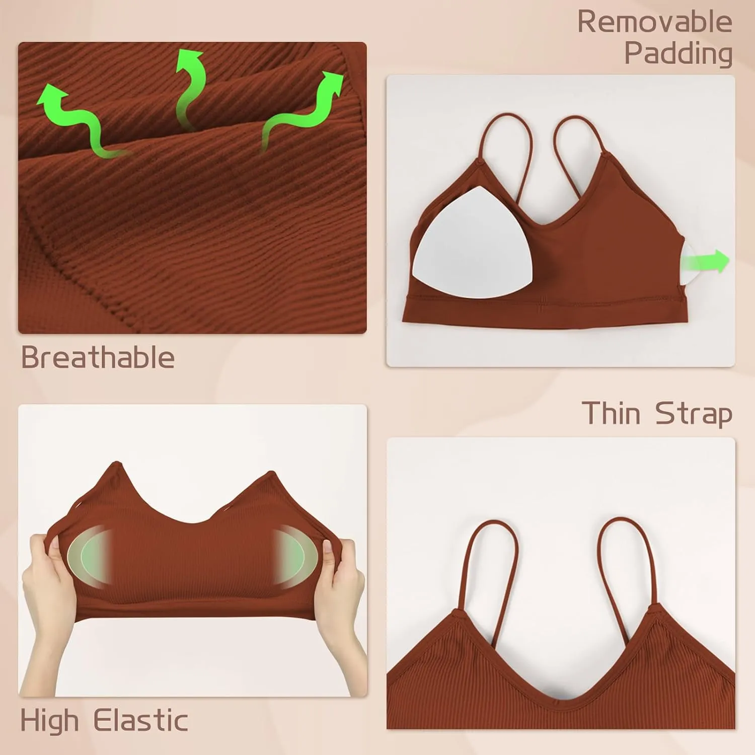 KCDDUMK 4 Pieces Cami Bras - Women's V-Neck Padded Seamless Straps Bralette Everyday Basic Sleeping Bra