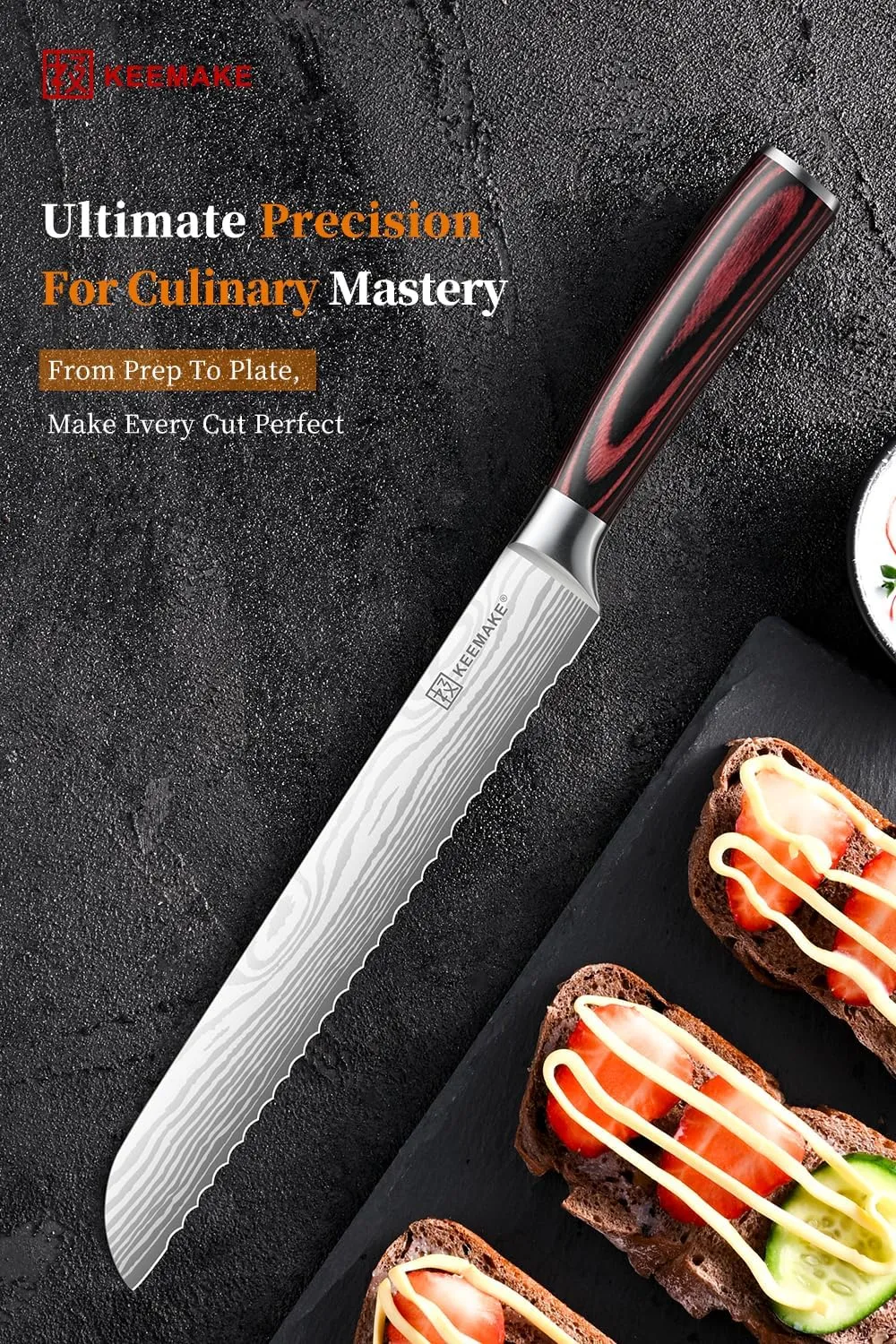 KEEMAKE 8-inch Serrated Bread Knife - Ultra-Sharp High Carbon Stainless Steel Bread Knife for Homemade Breads, Sourdough, Bagels & Cakes - Ergonomic Pakkawood Handle, w/Sheath