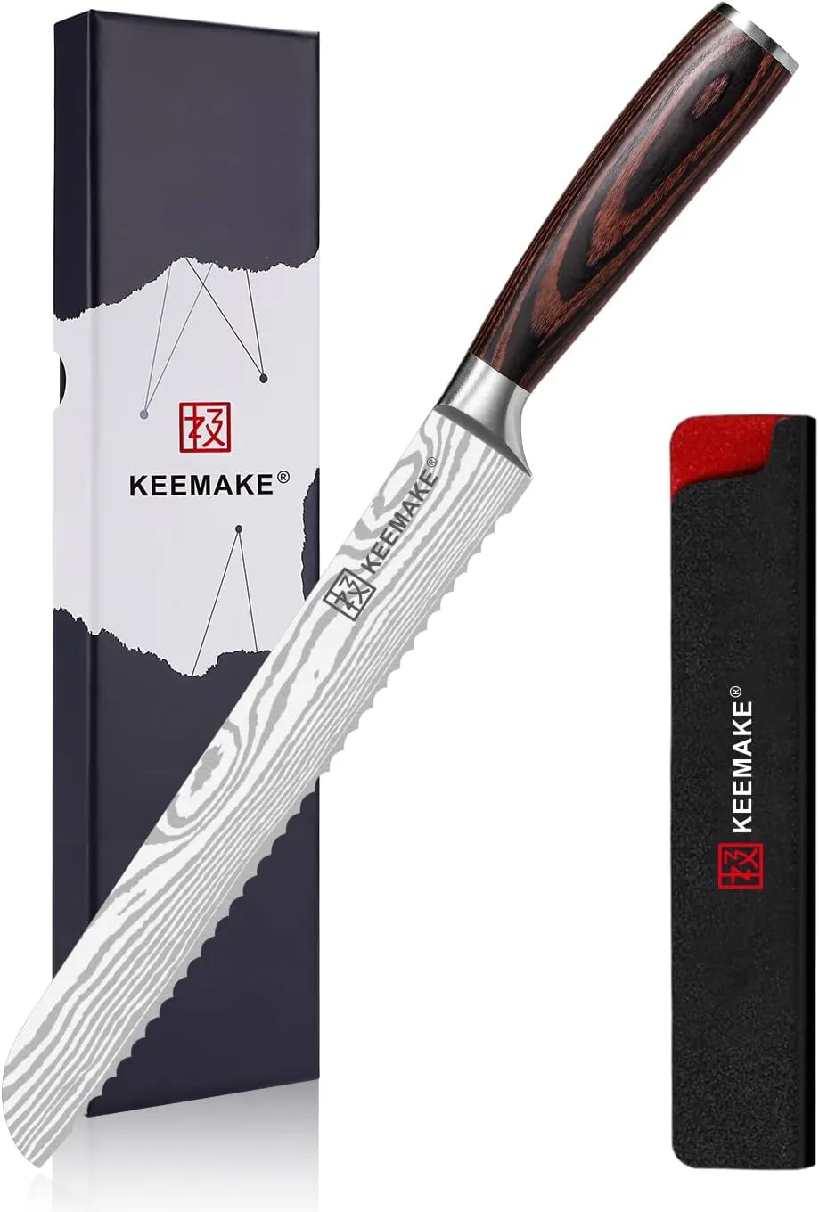 KEEMAKE 8-inch Serrated Bread Knife - Ultra-Sharp High Carbon Stainless Steel Bread Knife for Homemade Breads, Sourdough, Bagels & Cakes - Ergonomic Pakkawood Handle, w/Sheath