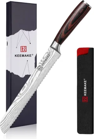 KEEMAKE 8-inch Serrated Bread Knife - Ultra-Sharp High Carbon Stainless Steel Bread Knife for Homemade Breads, Sourdough, Bagels & Cakes - Ergonomic Pakkawood Handle, w/Sheath