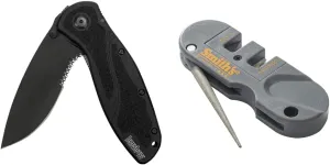 Kershaw Blur, Black Serrated; Folding Knife; 3.9 OZ & Smith’s PP1 Pocket Pal Knife Sharpener Preset Carbide & Ceramic Stone Sharpeners Fold-Out Diamond Coated Rod Outdoor Hunting Knife&Hook Sharpener