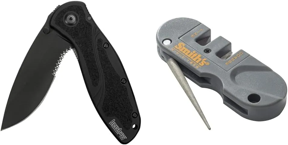 Kershaw Blur, Black Serrated; Folding Knife; 3.9 OZ & Smith’s PP1 Pocket Pal Knife Sharpener Preset Carbide & Ceramic Stone Sharpeners Fold-Out Diamond Coated Rod Outdoor Hunting Knife&Hook Sharpener