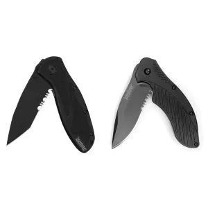 Kershaw Blur Tanto Black Serrated Pocket Knife ; 3.4 inch Cerakote Finish Blade, Sandvik 14C28N Steel, Partially Serrated Blade & Clash Pocket Knife, Black Serrated ; 3.1” Stainless Steel Blade
