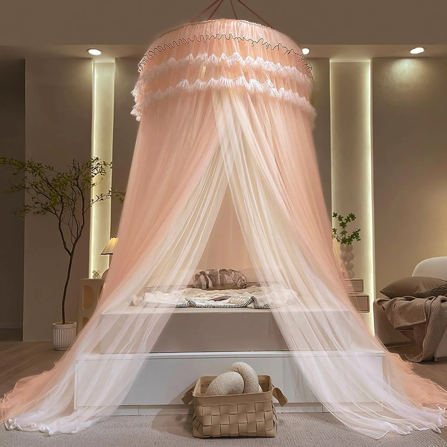 Kertnic Dreamy Bed Canopy for Girls, Princess Canopy Curtains Double Layer Sheer Mesh, Kids & Adults Canopies Netting Room Decor Tent Mosquito Net for Queen King Bed (Double Layer-Beige Pink)