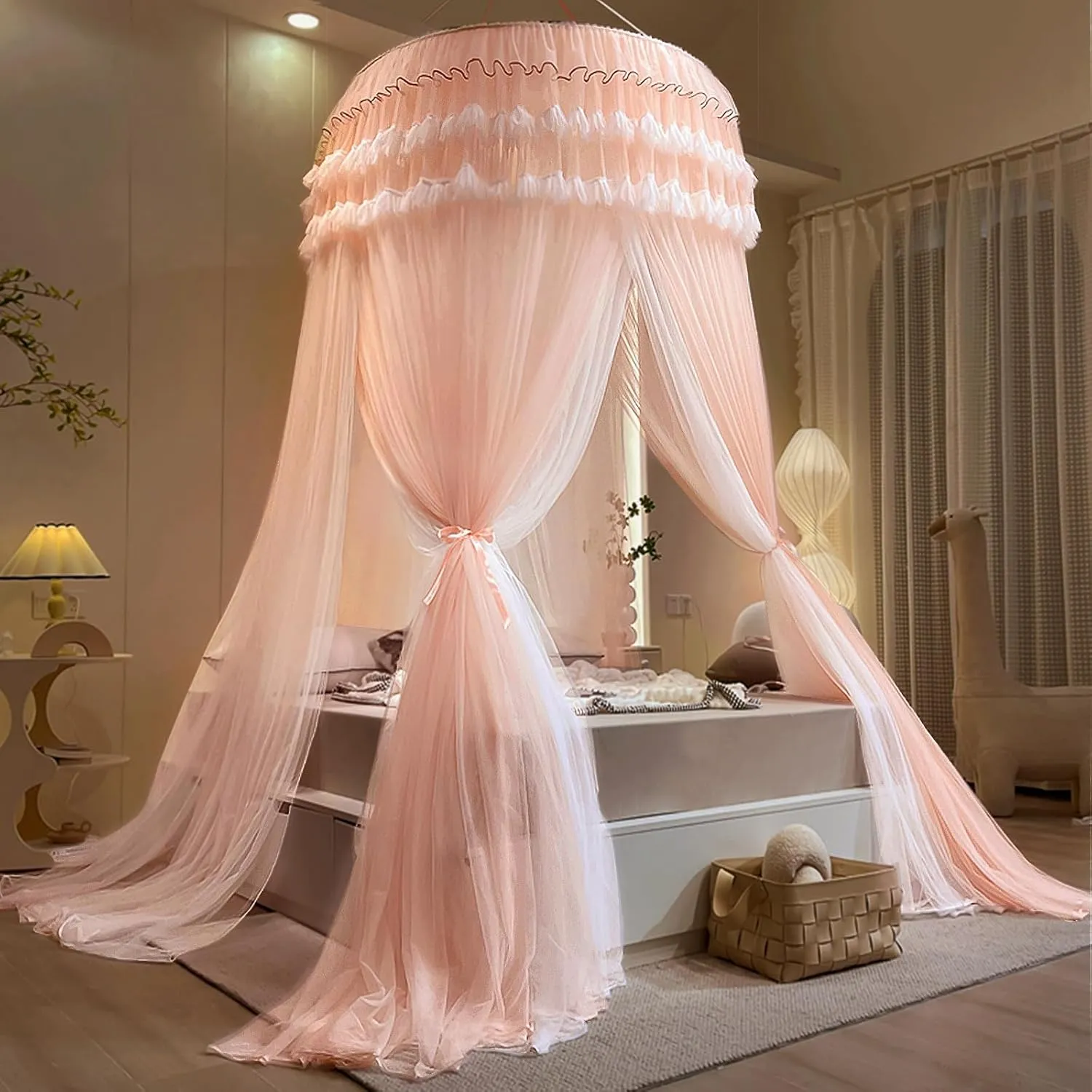 Kertnic Dreamy Bed Canopy for Girls, Princess Canopy Curtains Double Layer Sheer Mesh, Kids & Adults Canopies Netting Room Decor Tent Mosquito Net for Queen King Bed (Double Layer-Beige Pink)