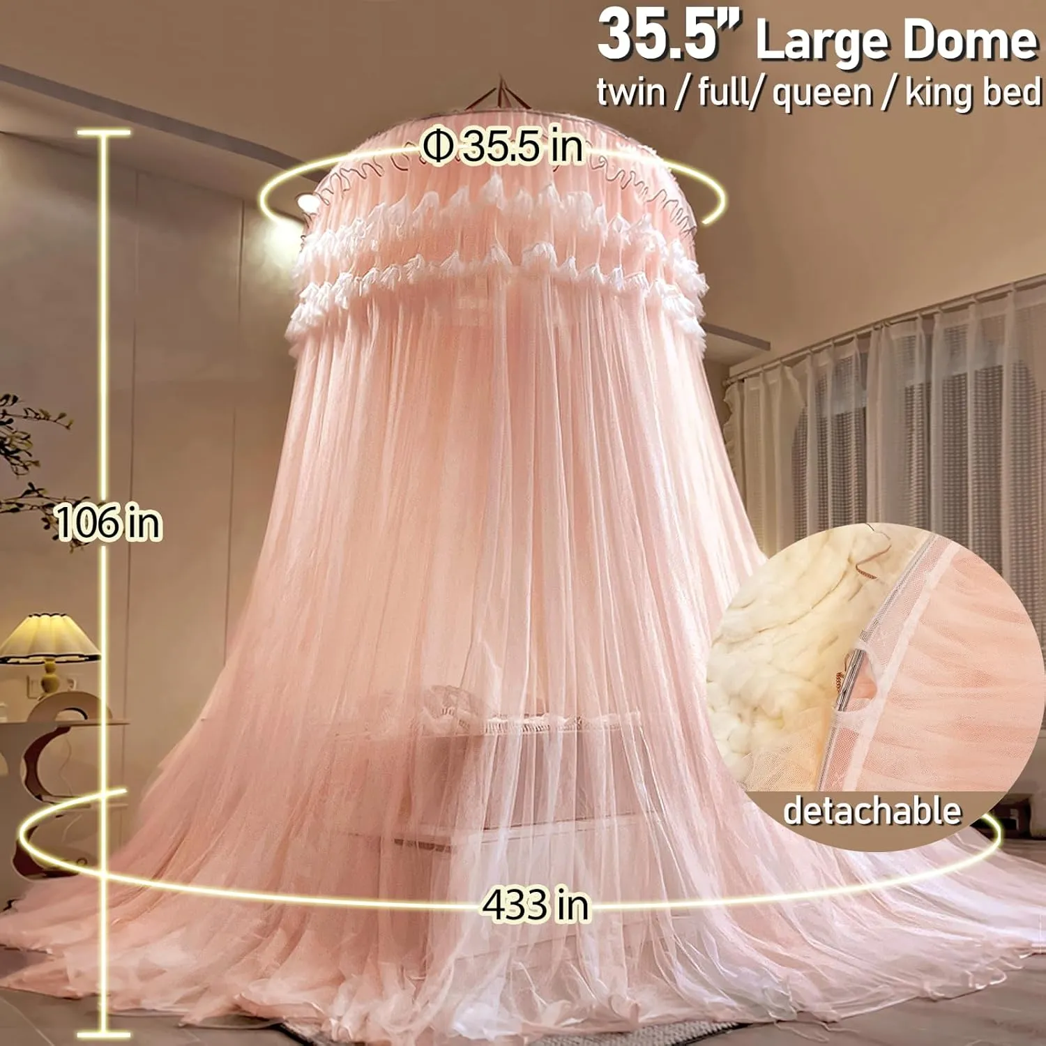 Kertnic Dreamy Bed Canopy for Girls, Princess Canopy Curtains Double Layer Sheer Mesh, Kids & Adults Canopies Netting Room Decor Tent Mosquito Net for Queen King Bed (Double Layer-Beige Pink)