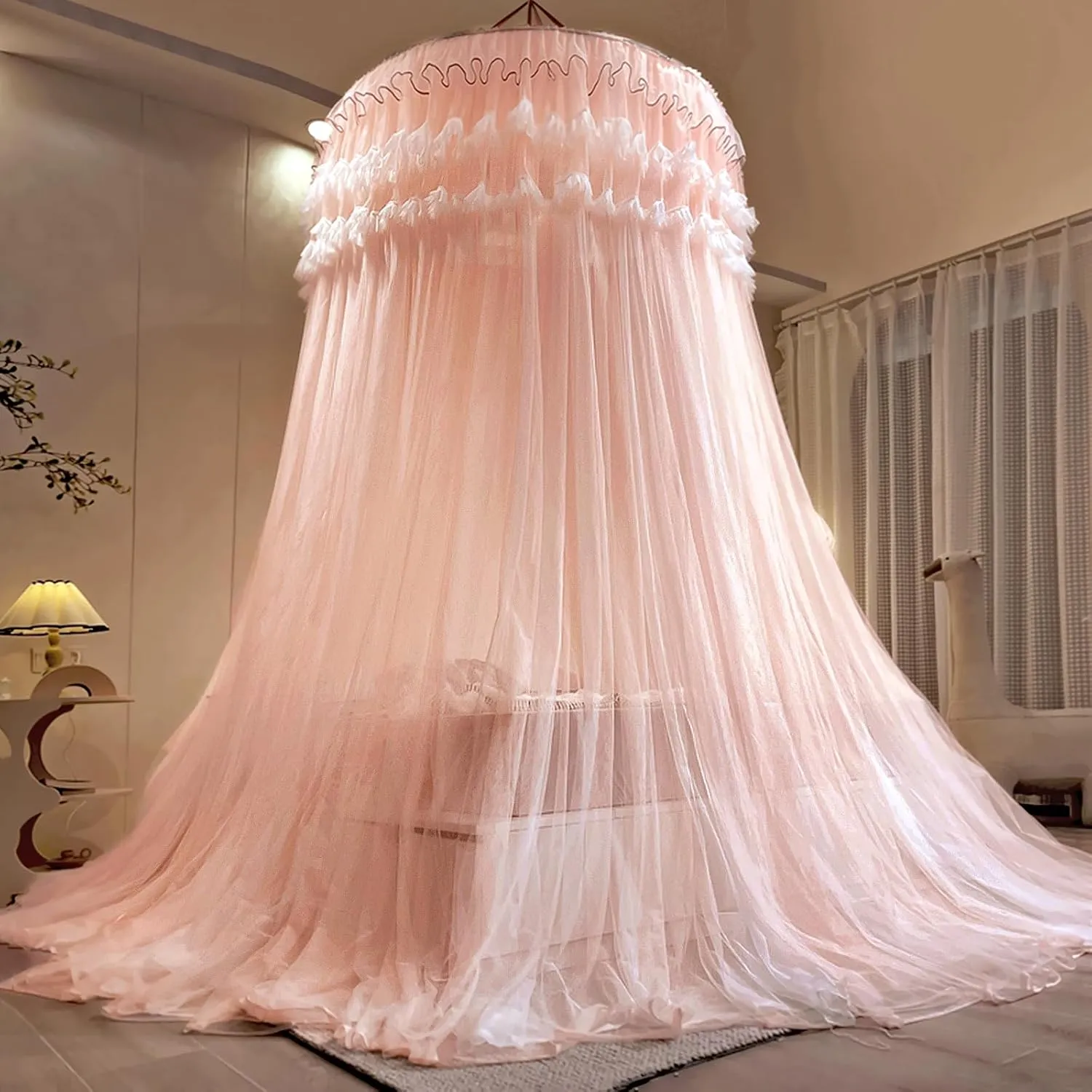Kertnic Dreamy Bed Canopy for Girls, Princess Canopy Curtains Double Layer Sheer Mesh, Kids & Adults Canopies Netting Room Decor Tent Mosquito Net for Queen King Bed (Double Layer-Beige Pink)