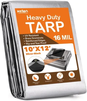 Keten Tarps Heavy Duty Waterproof 10X12 Feet, Extra Thick 16 Mil, Tear & Fade Resistant, 100% UV Blocking, Outdoor Tarp with Reinforced Grommets for Roof, Camping, Patio, Pool, Boat(Silver/Black)