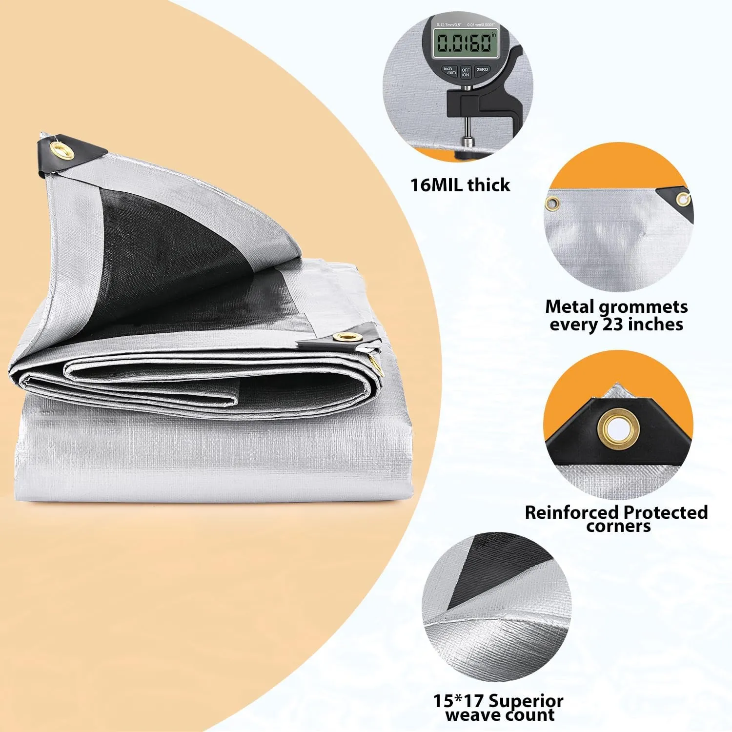 Keten Tarps Heavy Duty Waterproof 10X12 Feet, Extra Thick 16 Mil, Tear & Fade Resistant, 100% UV Blocking, Outdoor Tarp with Reinforced Grommets for Roof, Camping, Patio, Pool, Boat(Silver/Black)