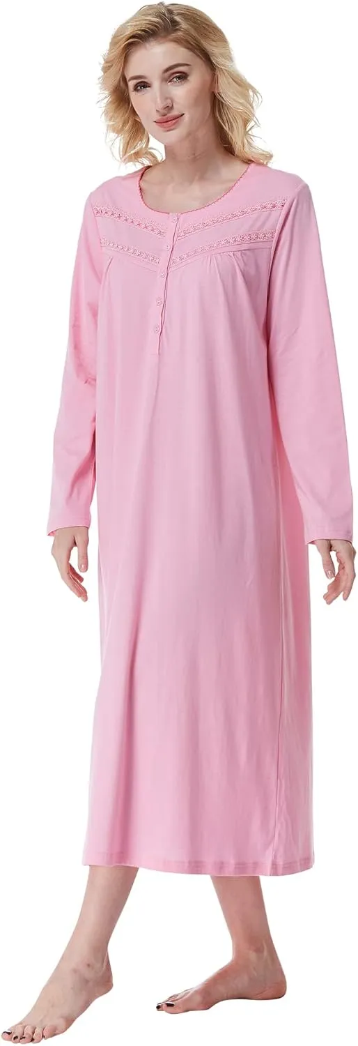 Keyocean Nightgowns for Women, Soft Cotton Comfortable Lightweight Long-Sleeve Ladies Night Dresses