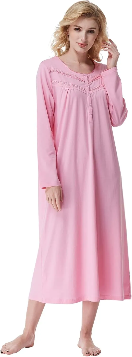 Keyocean Nightgowns for Women, Soft Cotton Comfortable Lightweight Long-Sleeve Ladies Night Dresses