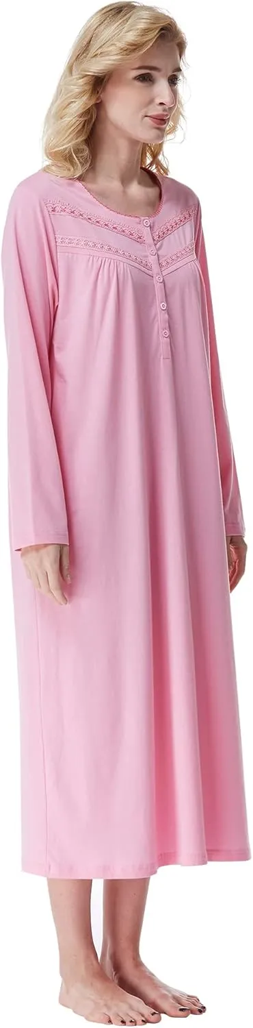 Keyocean Nightgowns for Women, Soft Cotton Comfortable Lightweight Long-Sleeve Ladies Night Dresses