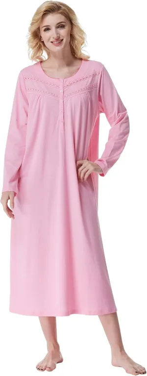 Keyocean Nightgowns for Women, Soft Cotton Comfortable Lightweight Long-Sleeve Ladies Night Dresses