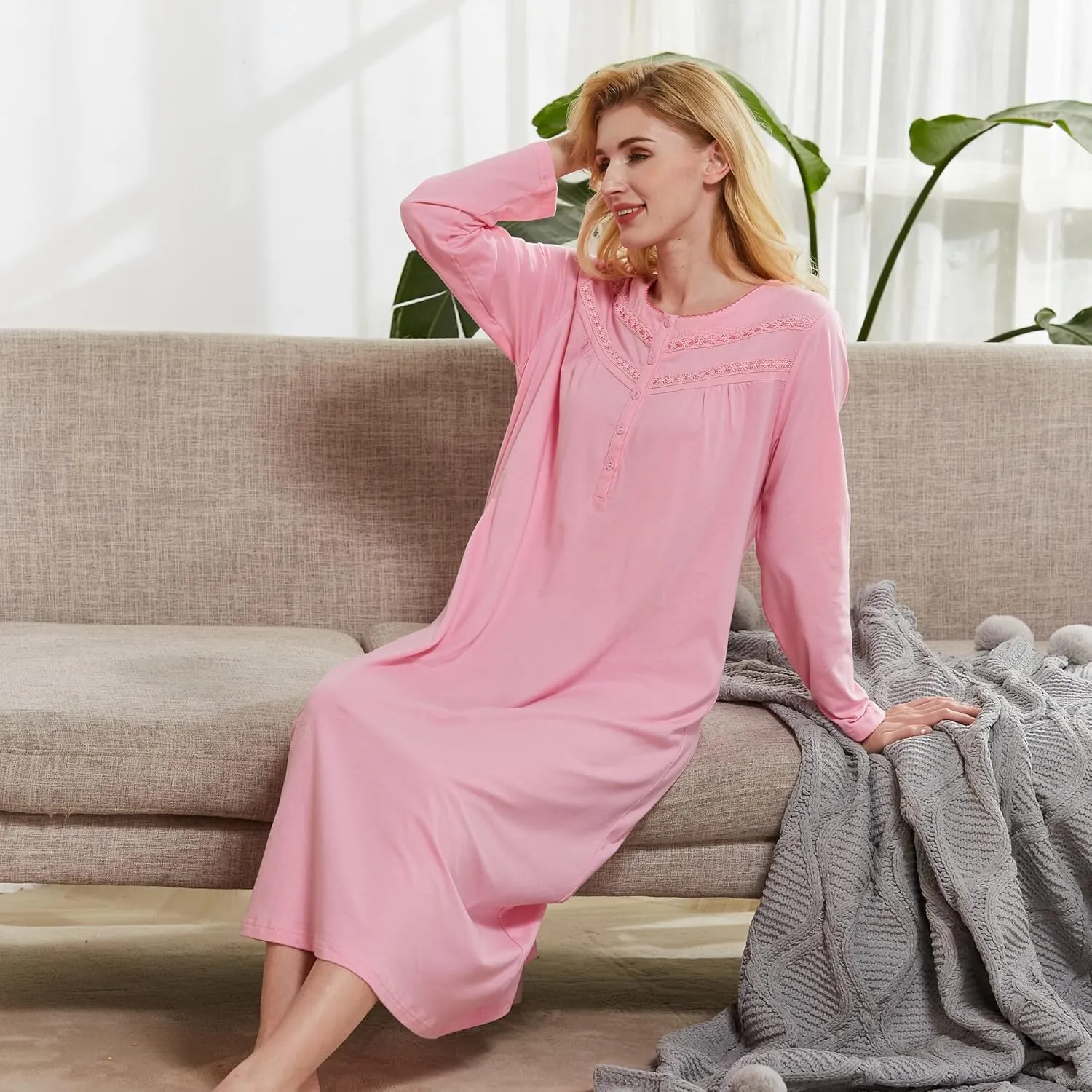 Keyocean Nightgowns for Women, Soft Cotton Comfortable Lightweight Long-Sleeve Ladies Night Dresses