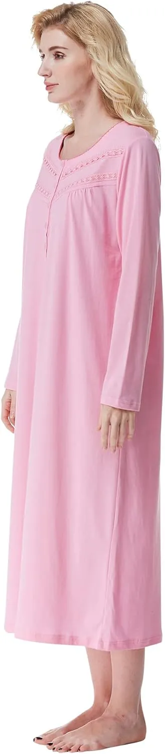 Keyocean Nightgowns for Women, Soft Cotton Comfortable Lightweight Long-Sleeve Ladies Night Dresses