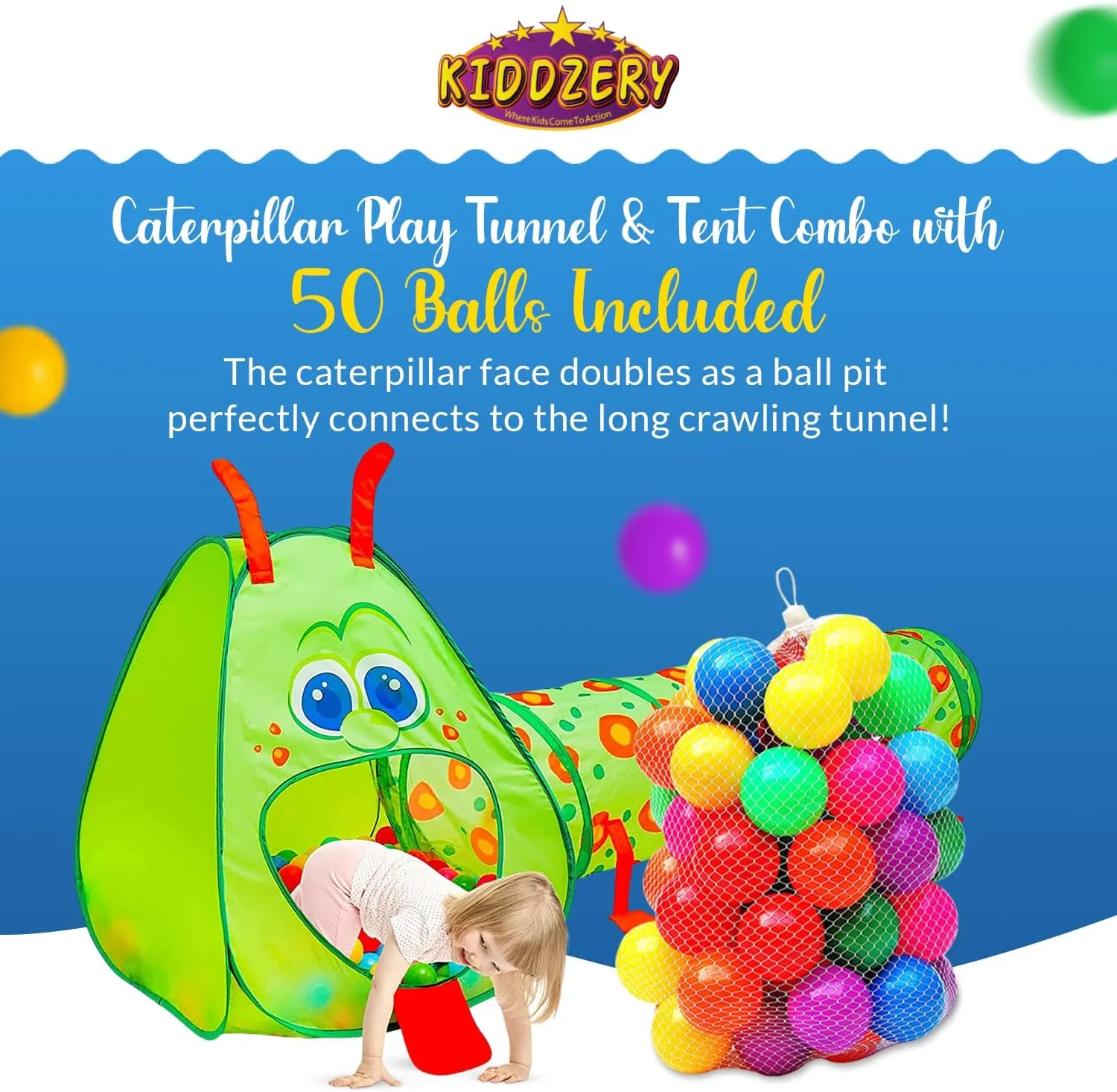 Kiddey Caterpillar Kids Play Tunnel and Tent with 50 Balls 2 Pc. Crawl Through Baby Ball Pit Pop up for Toddler and Babies, Indoor & Outdoor Jungle Gym Party Gift | Crawling Tunnels & Tents