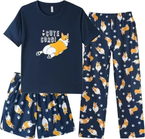 Kids Girls Pajama Sets Summer Short Sleeve With Shorts And Pants 3PCS Sleepwear Cute Cartoon Loungewear 6 to 17 Years
