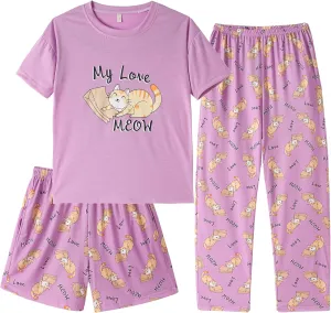 Kids Girls Pajama Sets Summer Short Sleeve With Shorts And Pants 3PCS Sleepwear Cute Cartoon Loungewear 6 to 17 Years