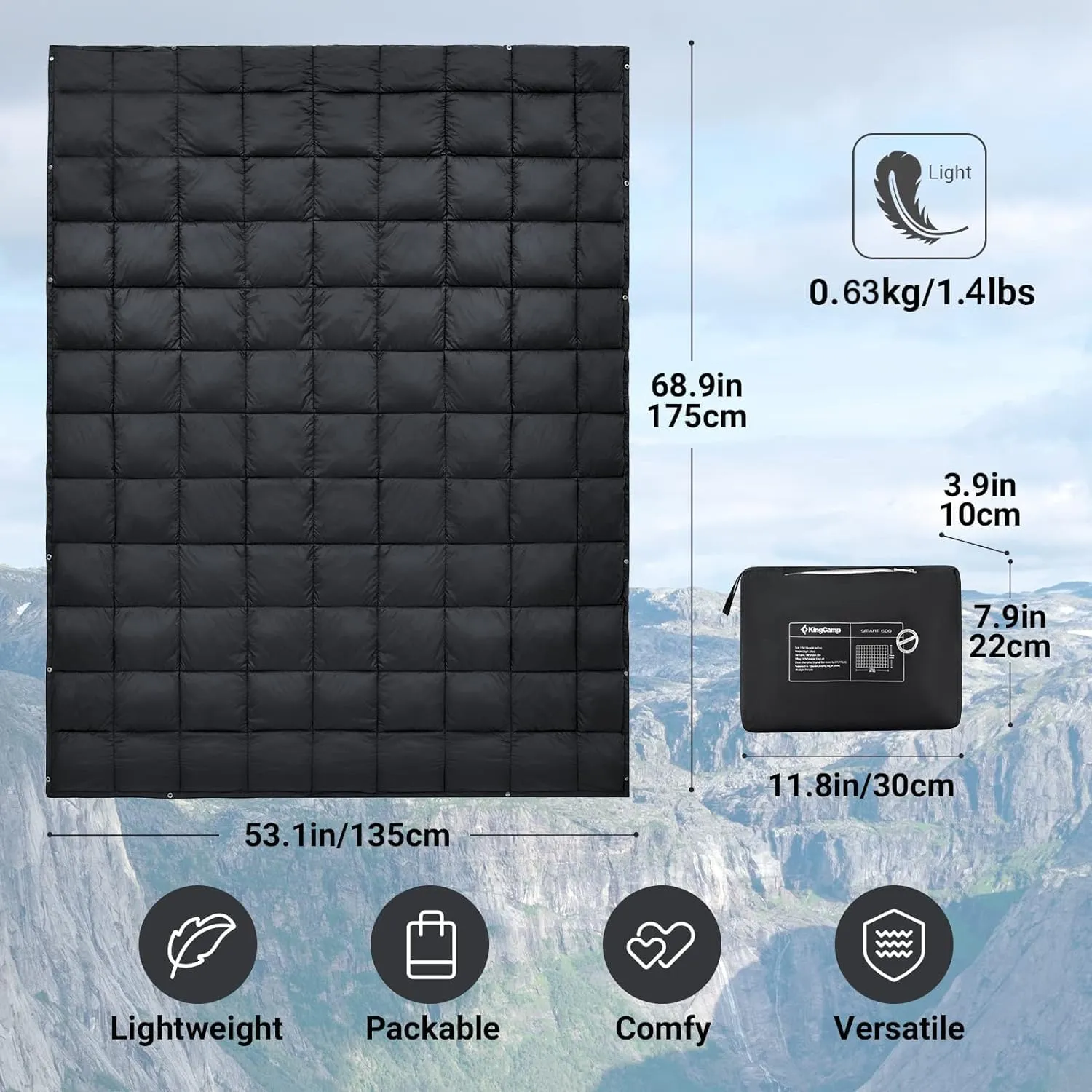 KingCamp Camping Blanket Lightweight, Multifunctional Warm Puffy Outdoor Blanket with Snap Button, Water Repellent, Packable, for Travel, Airplane, Hiking, Picnic