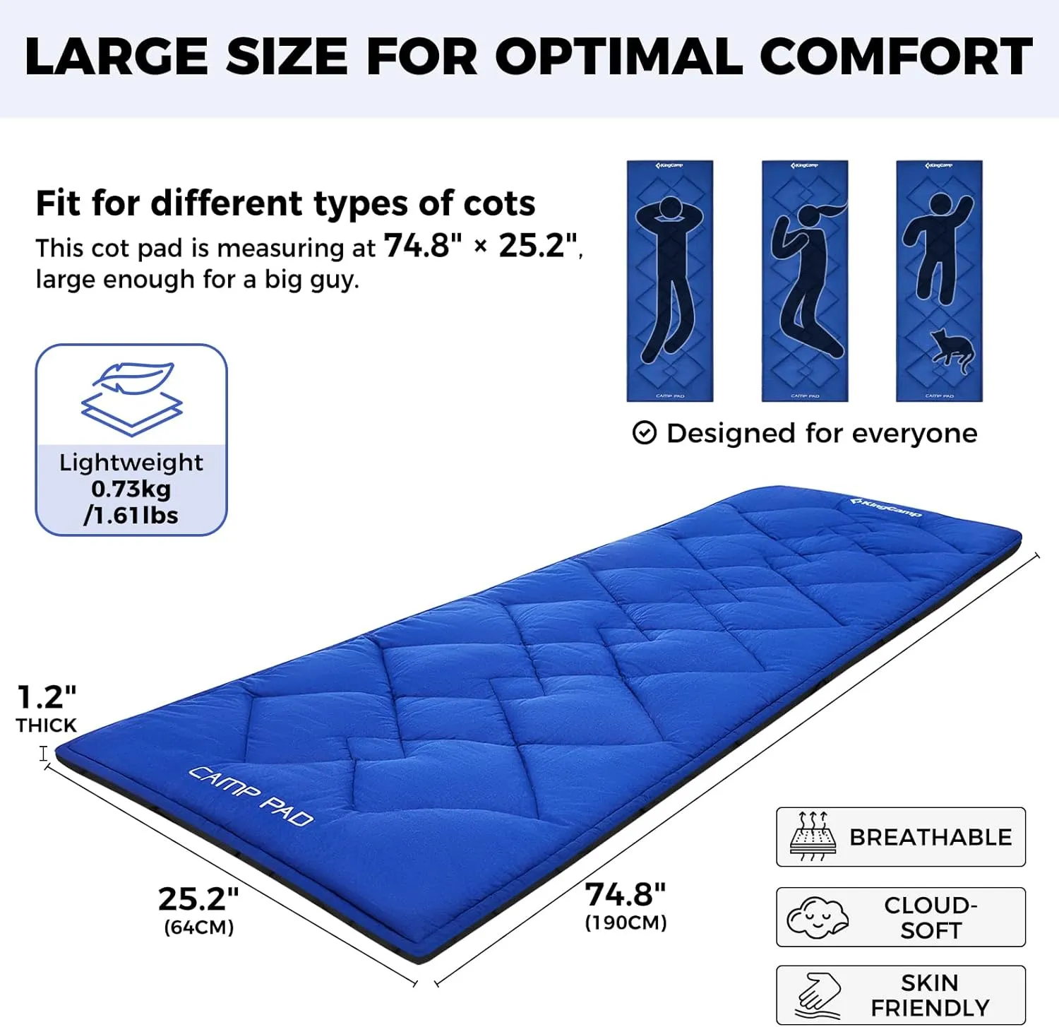 KingCamp Cot Mattress, Portable Lightweight Camping Sleeping Mat Soft Comfortable Non-Slip Cot Pad for Camp Cot, RV Bunk & Twin Beds