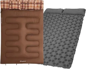 KingCamp Queen Size 2 Person Double Sleeping Bags with Pillows for Adults, 20 Degree Lightweight Backpacking Quilts, with Sleeping Pads Self Inflating Camping Mattress with Built-in Foot Pump, Connect