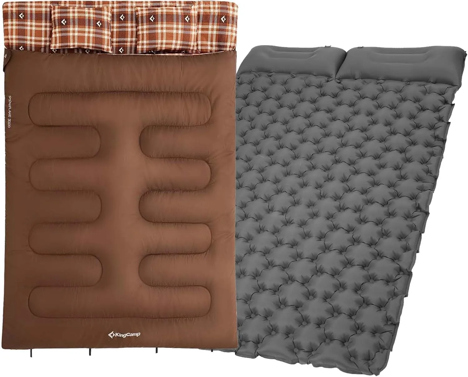 KingCamp Queen Size 2 Person Double Sleeping Bags with Pillows for Adults, 20 Degree Lightweight Backpacking Quilts, with Sleeping Pads Self Inflating Camping Mattress with Built-in Foot Pump, Connect