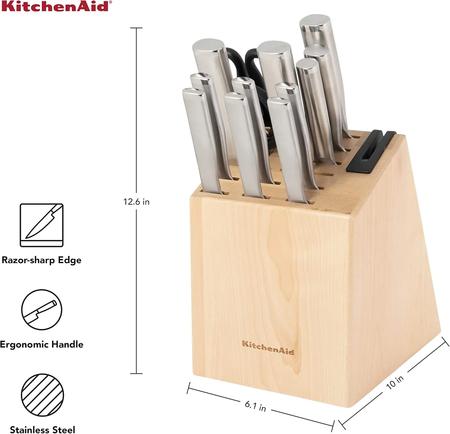 KitchenAid Gourmet 14 piece Forged Stainless Steel Knife Block Set with Built in Knife Sharpener, High Carbon Japanese Stainless Steel, Sharp Kitchen Knife Set with Block, Birchwood