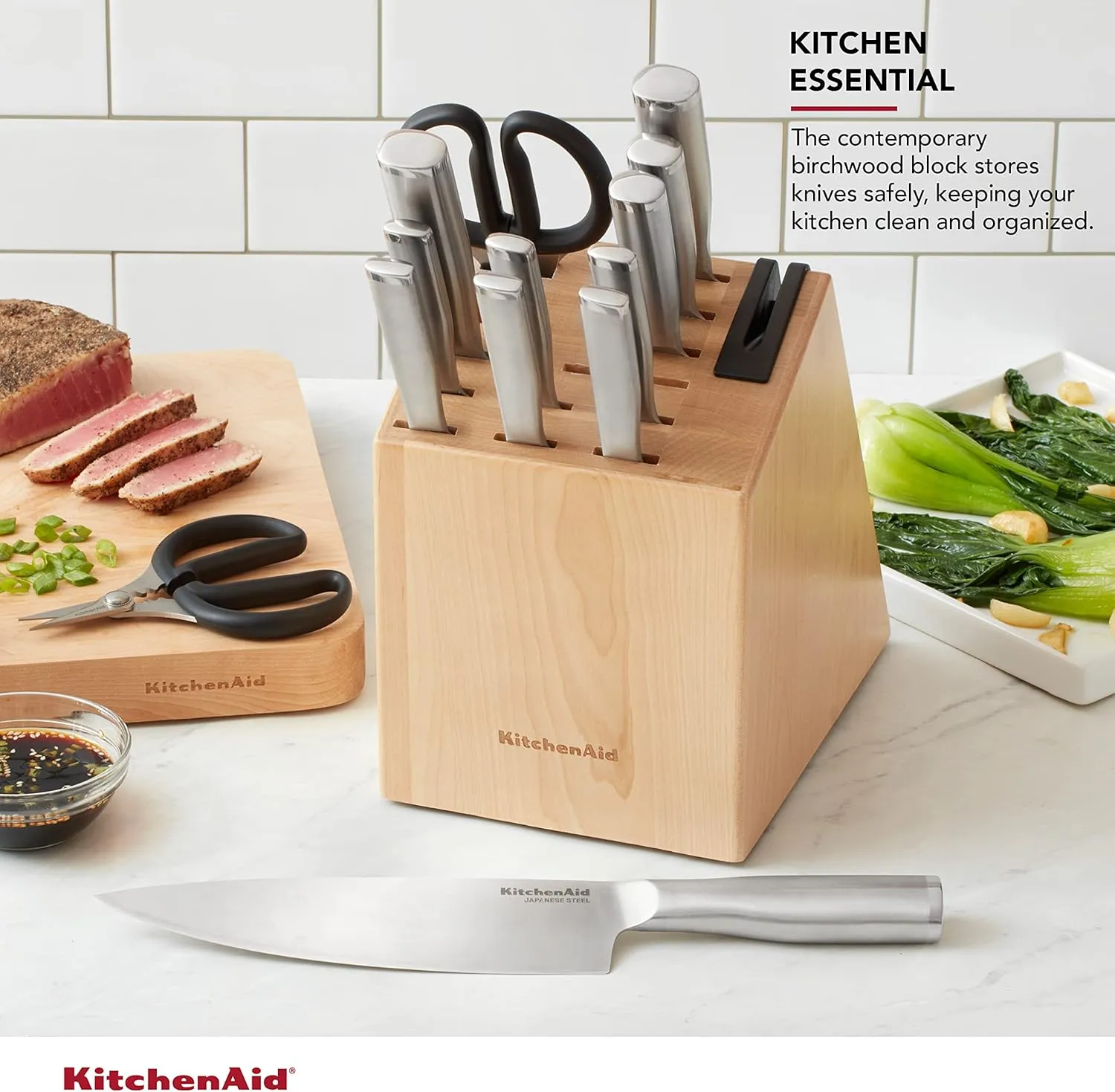 KitchenAid Gourmet 14 piece Forged Stainless Steel Knife Block Set with Built in Knife Sharpener, High Carbon Japanese Stainless Steel, Sharp Kitchen Knife Set with Block, Birchwood