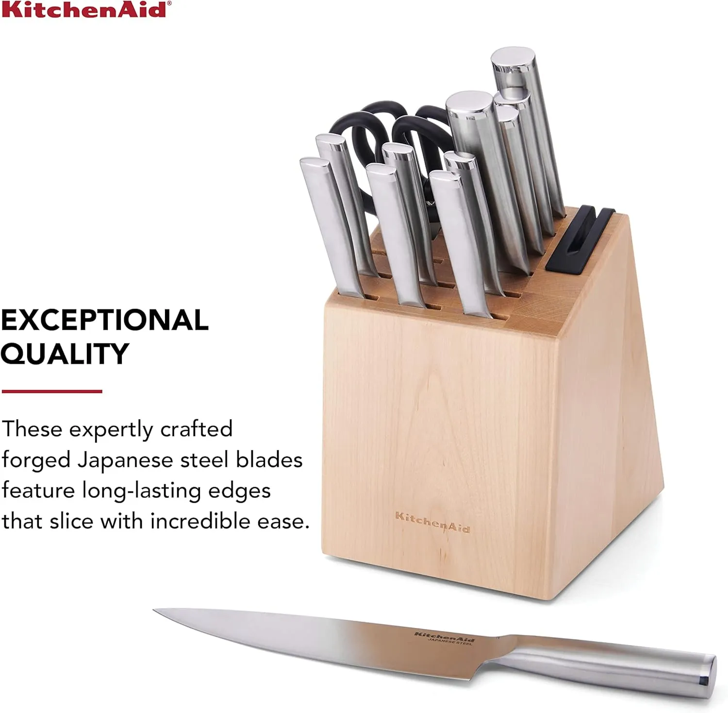 KitchenAid Gourmet 14 piece Forged Stainless Steel Knife Block Set with Built in Knife Sharpener, High Carbon Japanese Stainless Steel, Sharp Kitchen Knife Set with Block, Birchwood