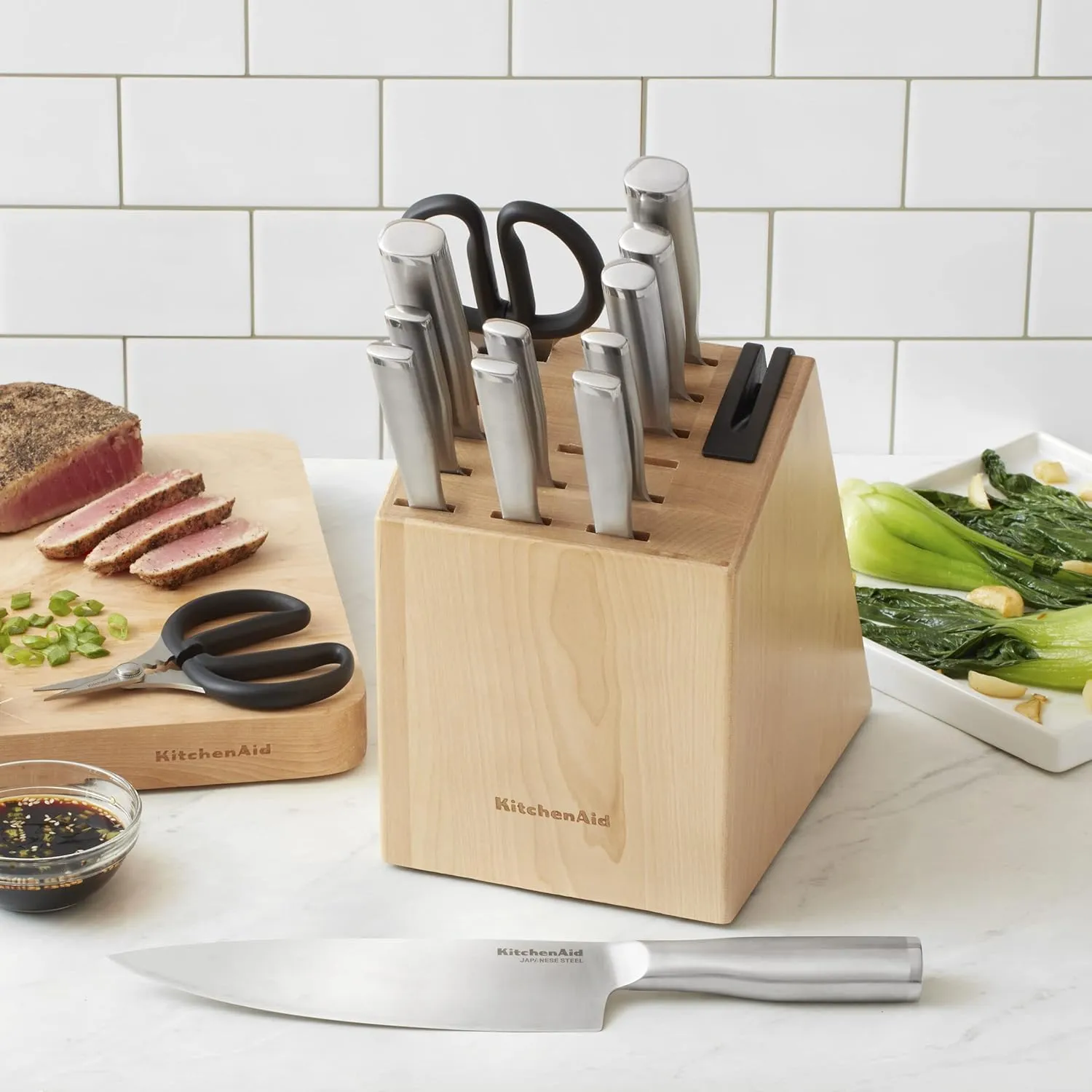 KitchenAid Gourmet 14 piece Forged Stainless Steel Knife Block Set with Built in Knife Sharpener, High Carbon Japanese Stainless Steel, Sharp Kitchen Knife Set with Block, Birchwood