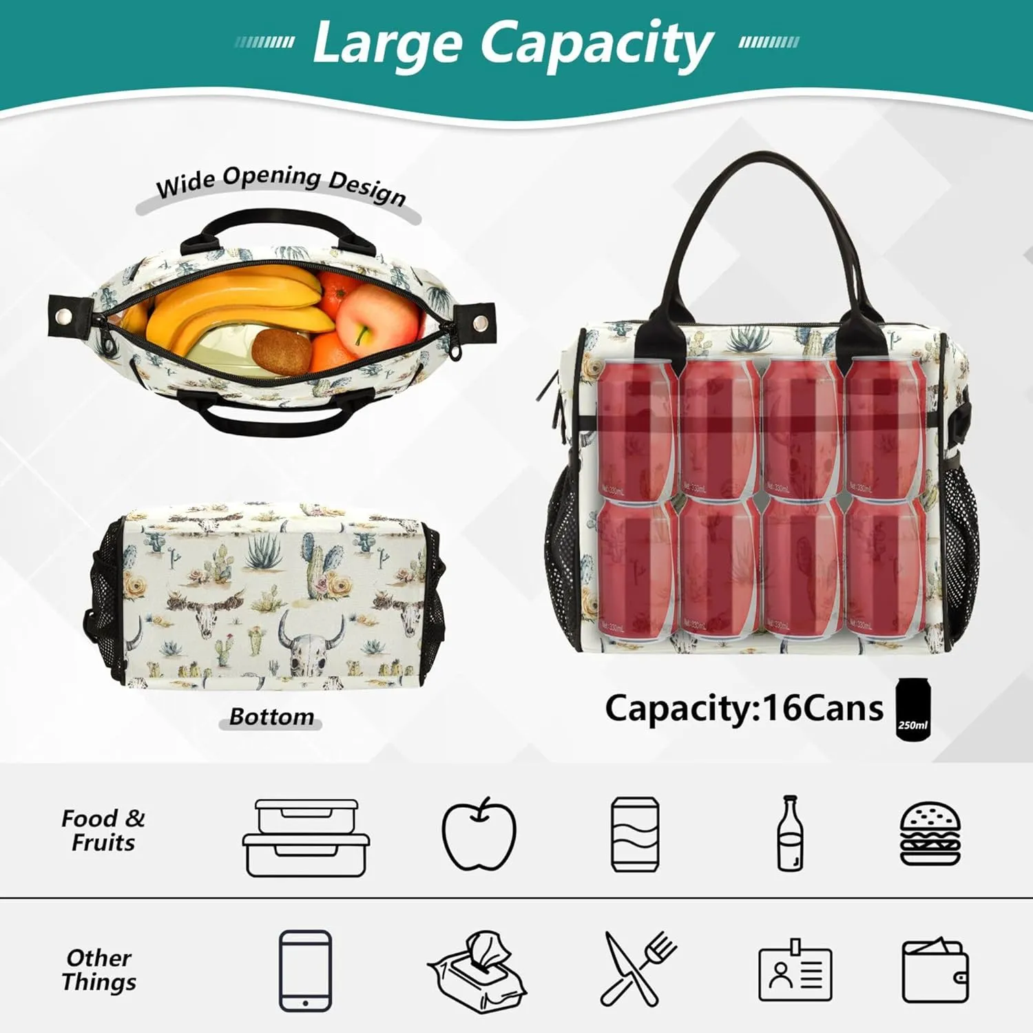 KLL Lunch Bag for Women Leakproof Large Lunch Bag for Women Gym with Shoulder Strap M Western Cowboy Boho Cactus Skull Vast Wilderness