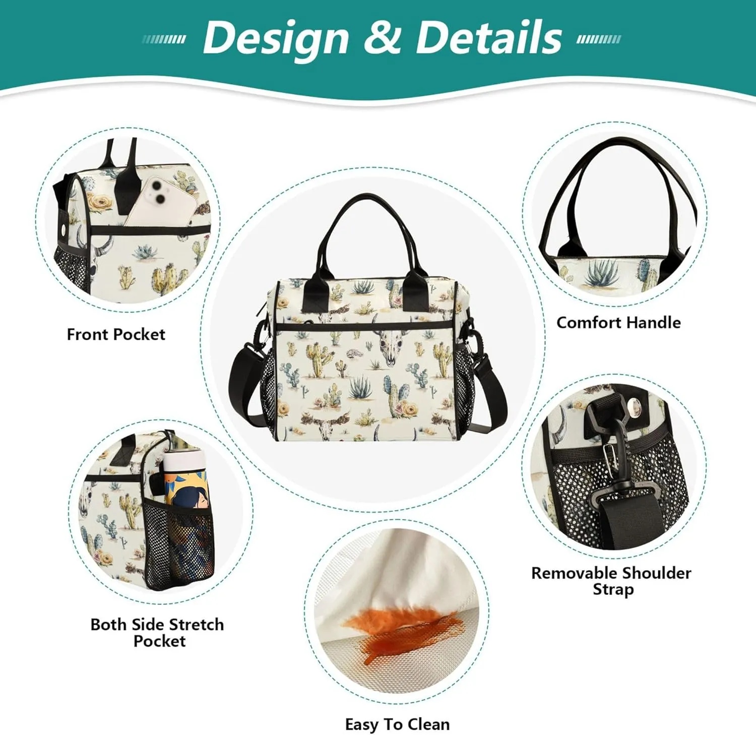 KLL Lunch Bag for Women Leakproof Large Lunch Bag for Women Gym with Shoulder Strap M Western Cowboy Boho Cactus Skull Vast Wilderness