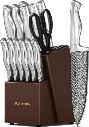 Knife Set, 15 Pieces Kitchen Knife Set with Built in Sharpener Block, German Stainless Steel Knife Block Set