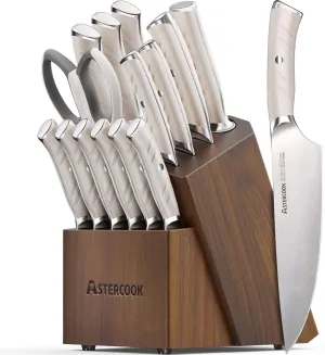 Knife Set, Astercook 15 Pcs Luxurious Kitchen Knife Set with Block, High Carbon German Stainless Steel Knife Block Set
