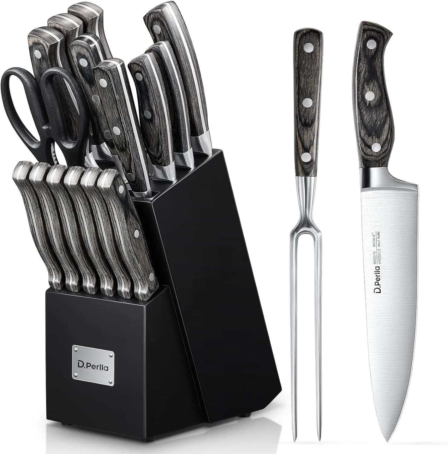 Knife Set with Block, 16 Pcs Stainless Steel Kitchen Knife Set with Sharpener & Wooden Block, Knife Block Set with Wood Handle, Chef, Santoku, Bread, Utility, Paring & Carving Fork Knife (Black)