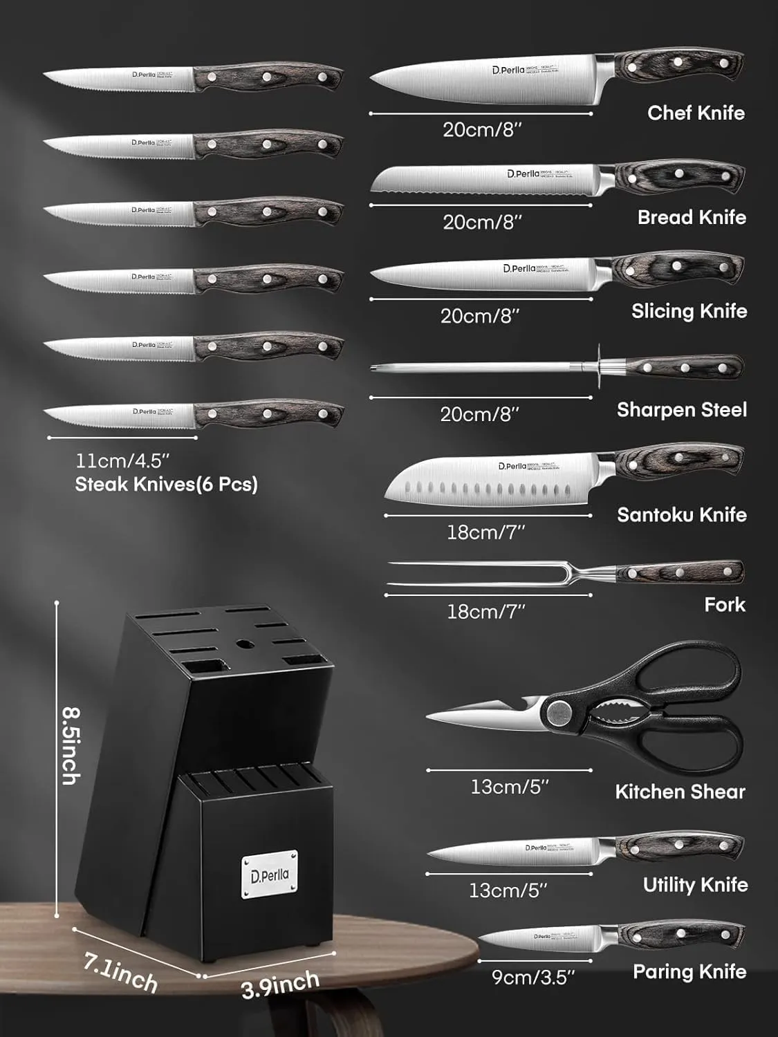 Knife Set with Block, 16 Pcs Stainless Steel Kitchen Knife Set with Sharpener & Wooden Block, Knife Block Set with Wood Handle, Chef, Santoku, Bread, Utility, Paring & Carving Fork Knife (Black)