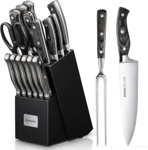 Knife Set with Block, 16 Pcs Stainless Steel Kitchen Knife Set with Sharpener & Wooden Block, Knife Block Set with Wood Handle, Chef, Santoku, Bread, Utility, Paring & Carving Fork Knife (Black)
