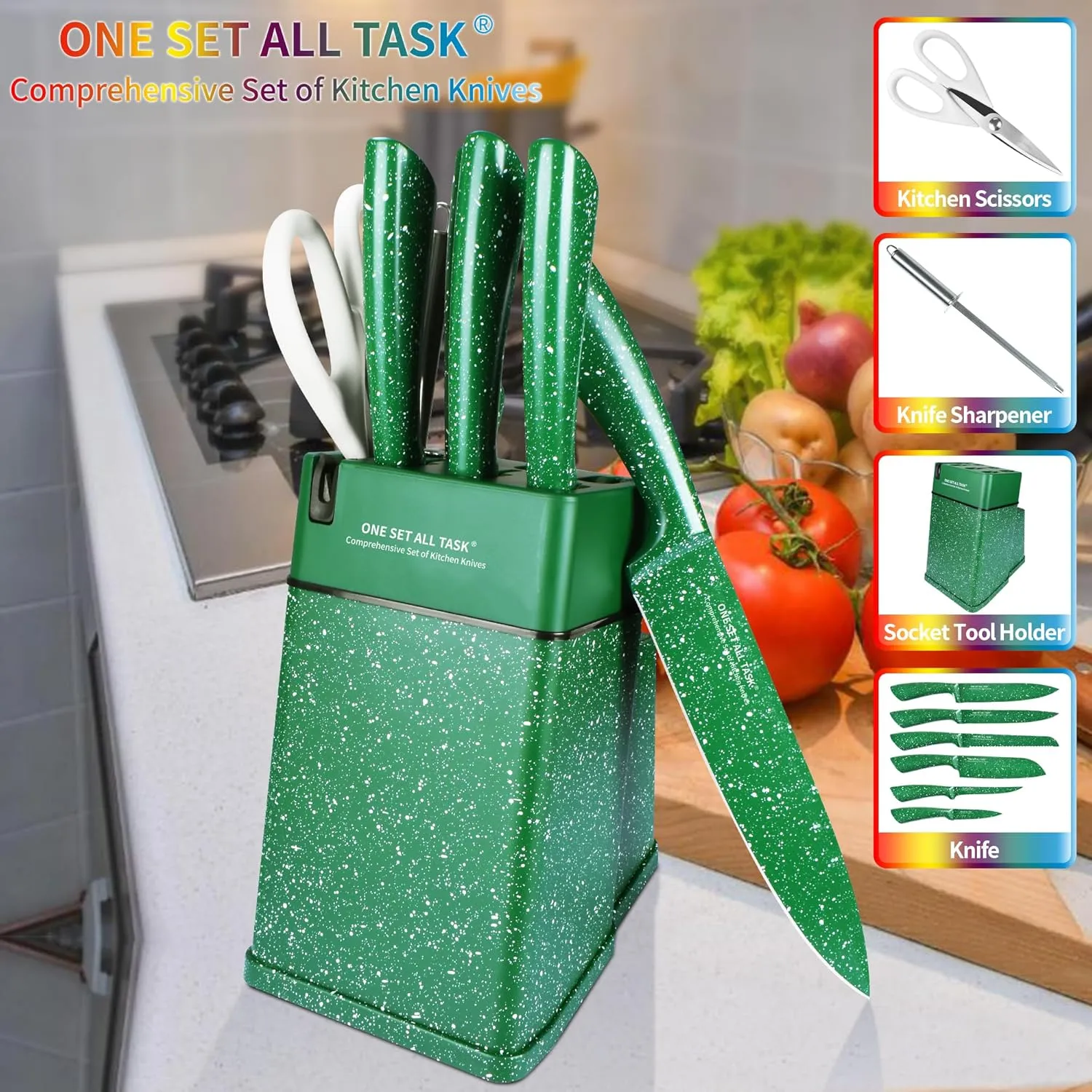Knife Set with Block, High Carbon Stainless Steel Knife Block Set, Kitchen Knife Block Set with Built in Sharpener, Scissor, Chef, Bread, Santoku, Fruit, Boning, Serrated Bread Knife Set